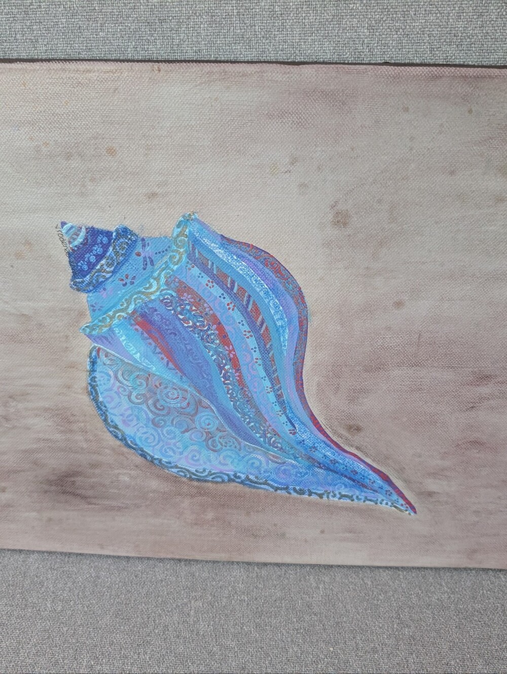 Hand Painted Acrylic Blue Multi Color Decorative Conch Shell Canvas Wall Art